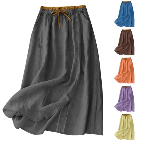 Damen Hohe Taille Baumwolle Leinen Maxirock Lässig Locker Einfarbig A-Linie Langer Rock Mit Taschen Kordelzug Und Stickerei