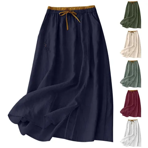 Damen Hohe Taille Baumwolle Leinen Maxirock Lässig Locker Einfarbig A-Linie Langer Rock Mit Taschen Kordelzug Und Stickerei