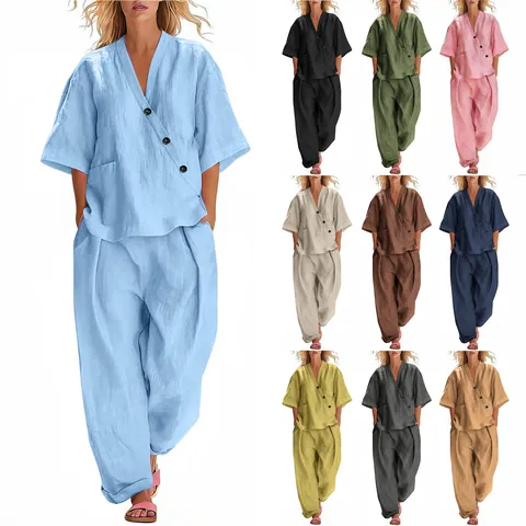 Conjunto de Dos Piezas Casual para Mujer de Algodón y Lino con Cuello en V Top de Manga Corta y Pantalones de Talle Alto Color Liso