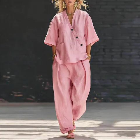 Conjunto de Dos Piezas Casual para Mujer de Algodón y Lino con Cuello en V Top de Manga Corta y Pantalones de Talle Alto Color Liso