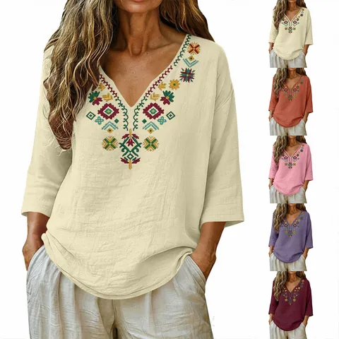 Women V Neck Embroidered Cotton Blouse Retro 3/4 Sleeve Summer Ethnic Style Loose Shirt Pullover Vacation Top for Women
