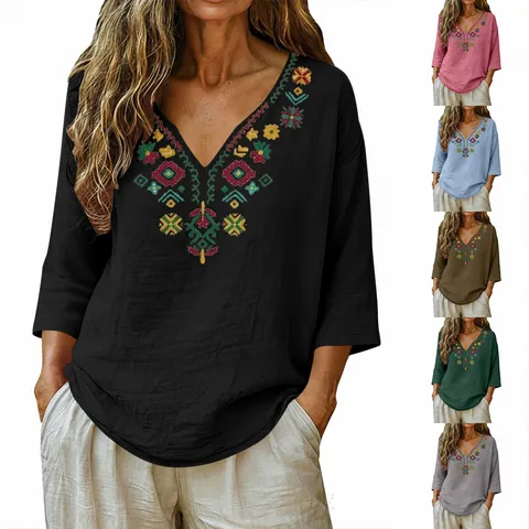 Women V Neck Embroidered Cotton Blouse Retro 3/4 Sleeve Summer Ethnic Style Loose Shirt Pullover Vacation Top for Women