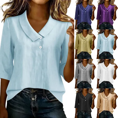 Dames Casual Katoenen V-hals Blouse Losse Pasvorm Driekwart Mouw Top Effen Kleur Zomer Overhemd met Knoopdetail Kantoor Kleding