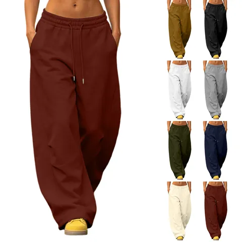 Women American High Street Loose Wide Leg Sweatpants Casual Cotton Solid Color Mid Waist Drawstring Pockets Floor Length Pants