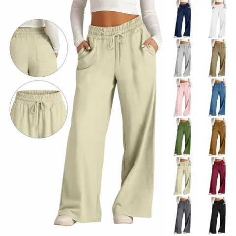 Pantalon Large Décontracté pour Femmes en Mélange de Coton et Lin Taille Haute Pantalon Ample à Cordon Avec Poches Couleur Unie Vacances