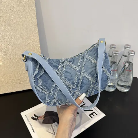 Bolso de Axila de Mezclilla para Mujer Celosía de Diamantes Diseño de Bordes Deshilachados Bolso de Hombro Casual Hobo