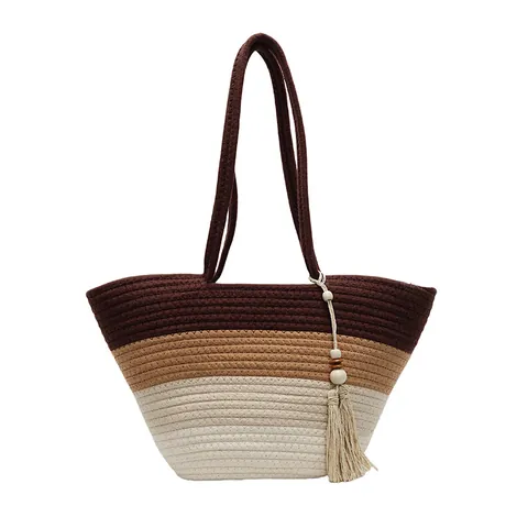 Gradiënt Gestreepte Stro Geweven Handtas Grote Capaciteit Tote Bucket Bag Zomer Strand Vakantie Kwastje Kralen Decor