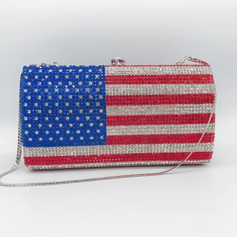 Bolso de Noche de Mujer con Strass de Bandera Americana Cartera de Mano de Metal con Cristales Pavé para Banquete Fiesta Lujo Stars Stripes