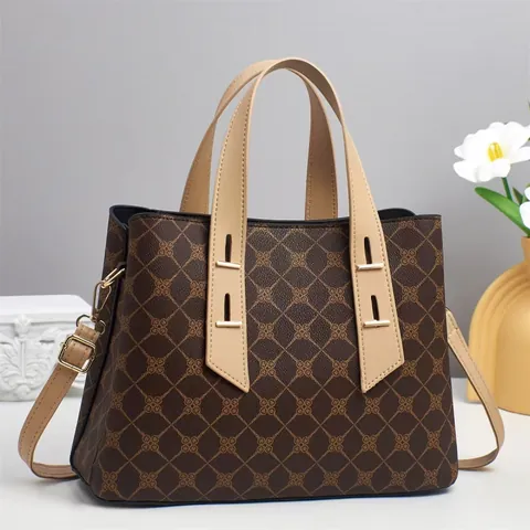 Damen Handtasche Mit Großer Kapazität PU-Leder Monogramm-Druck Kontrastfarbe Tragetasche Mode Umhängetasche Für Den Täglichen Pendelverkehr