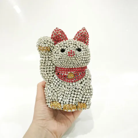 Luxury Lucky Cat Shaped Rhinestone Evening Bag Sparkling Hollow Out PU Metal Maneki-Neko Clutch Handbag For Women Banquet Party Wedding