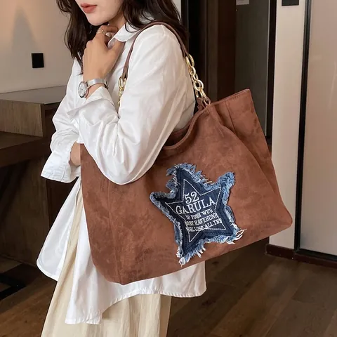 Vintage Large Capacity Suede Tote Bag For Women Denim Star Patchwork Metal Chain Shoulder Bag Versatile Commuter Travel Handbag