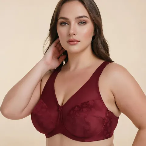 Plus Size Minimizer Bra For Women Full Coverage Underwire Wide Straps Floral Jacquard Acetate Fiber Wine Red Lingerie