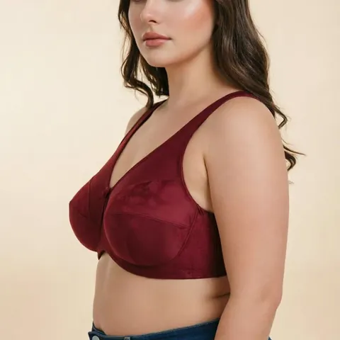 Plus Size Minimizer Bra For Women Full Coverage Underwire Wide Straps Floral Jacquard Acetate Fiber Wine Red Lingerie