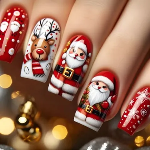 Christmas Press On Nails Medium Coffin Fake Nails Artificial Nail Tips With Santa Claus Snowflake Pattern For Women Party Art Decoration
