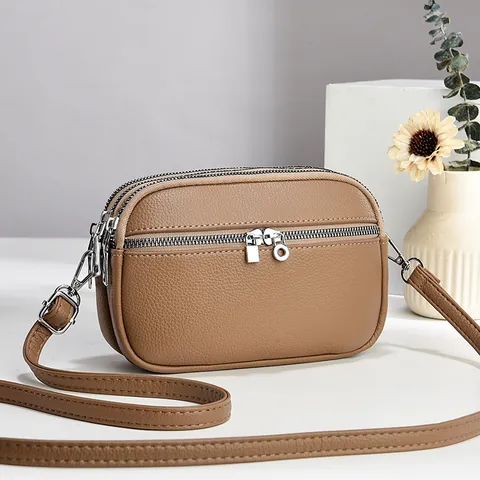 Sac Bandoulière pour Femmes en Cuir PU Style Coréen Simple Petit Sac Carré Avec Fermeture Éclair à Trois Couches Motif Litchi