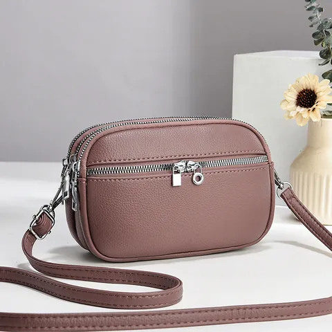 Sac Bandoulière pour Femmes en Cuir PU Style Coréen Simple Petit Sac Carré Avec Fermeture Éclair à Trois Couches Motif Litchi