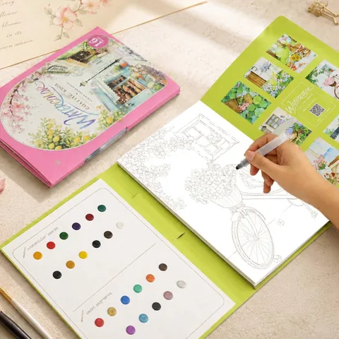 Kit de Pintura a la Acuarela Creativo A4 Pigmento Sólido Nacarado Libro para Colorear de Tres Pliegues Con Pincel para Niños