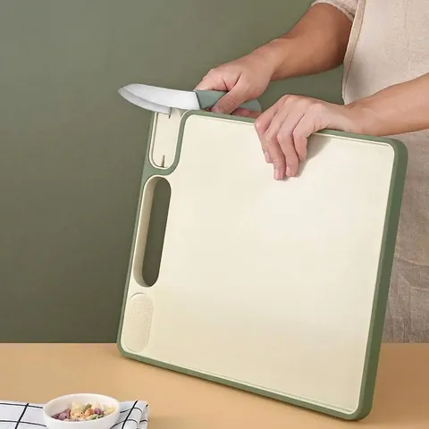 Multifunctional Double Sided Acrylic Cutting Board with Knife Sharpener Grinding Area Non Slip Standing Base Kitchen Board