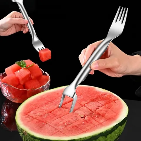 2-in-1 Stainless Steel Watermelon Slicer Fork Dual Head Fruit Cutter Cube Divider For Kitchen Home Party Picnic Camping Gadget