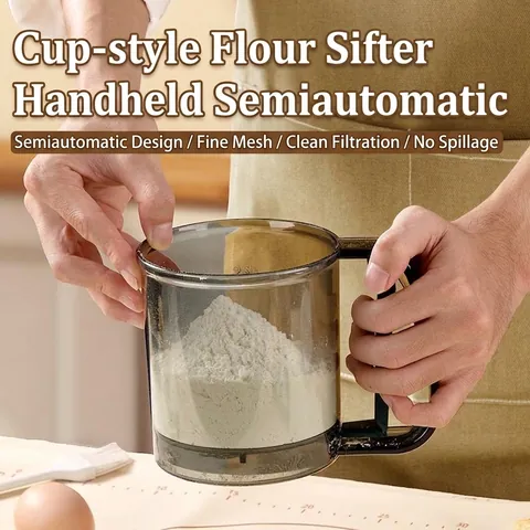 Handheld Semi-Automatic Flour Sifter Cup With Stainless Steel Mesh Fine Powder Filter Scale For Baking Kitchen Tool