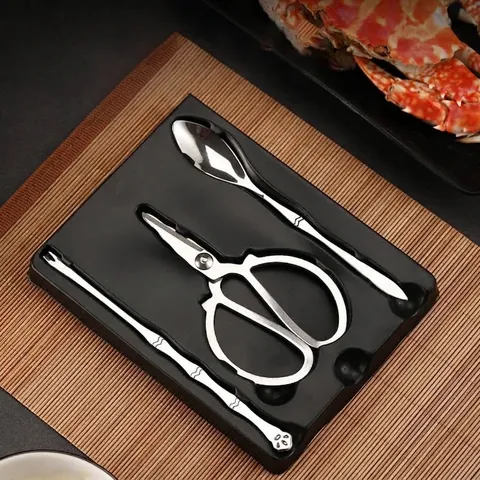 304 Stainless Steel Crab Cracker Tools Set 3 Pieces Seafood Shellfish Shelling Tools Silver Polished Scissors Fork Spoon