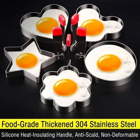 304 Stainless Steel Fried Egg Mold With Silicone Handle Heart Star Round Flower Shaped Cooking Ring DIY Breakfast Kitchen Tool