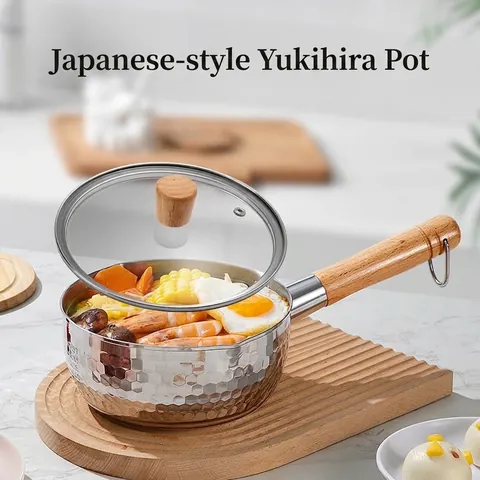 304 Stainless Steel Yukihira Pot Hammered Milk Pot With Glass Lid Beechwood Handle Saucepan For Baby Food Noodle Heating