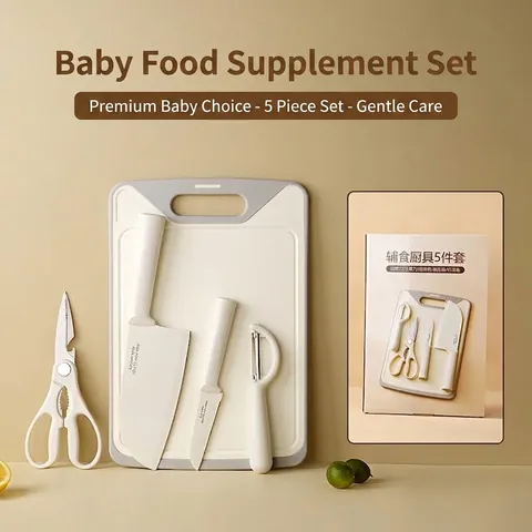 Modern Stainless Steel Baby Food Knife Set With Non-Slip Cutting Board Kitchen Shears Peeler Fruit Knife For Infant Meal Prep