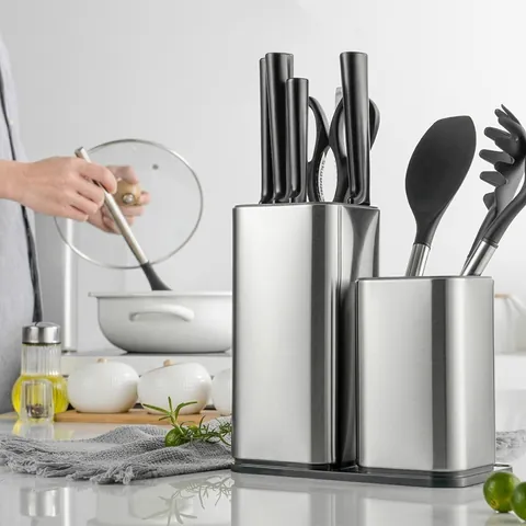 Modern Stainless Steel Knife Holder Universal Knife Block Kitchen Utensil Organizer Set Brushed Metal Knife Stand Caddy