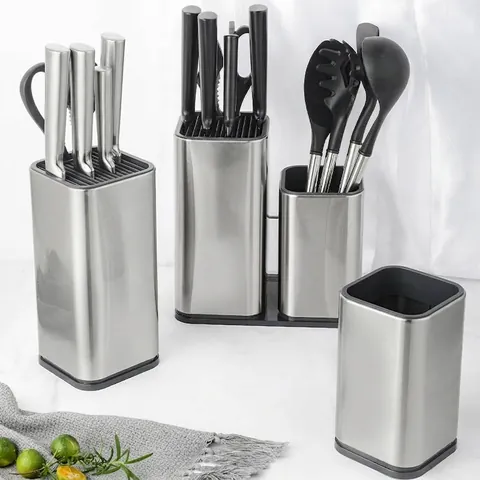 Modern Stainless Steel Knife Holder Universal Knife Block Kitchen Utensil Organizer Set Brushed Metal Knife Stand Caddy