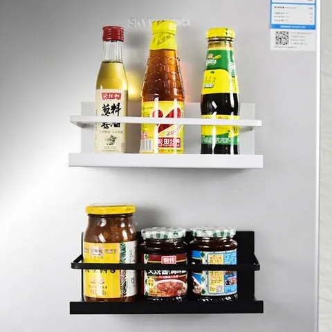 Magnetic Refrigerator Side Storage Rack Iron Powder Coated Kitchen Organizer Shelf Punch-Free Space Saving Storage Holder