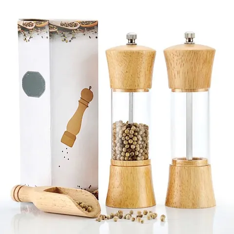 Manual Pepper Grinder Oak Wood Transparent Acrylic Salt Mill with Adjustable Ceramic Core Spice Shaker Kitchen Cooking Tool