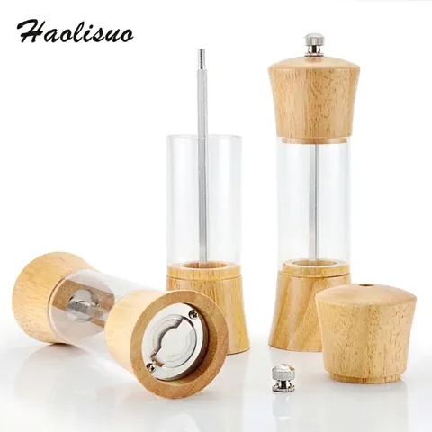 Manual Pepper Grinder Oak Wood Transparent Acrylic Salt Mill with Adjustable Ceramic Core Spice Shaker Kitchen Cooking Tool