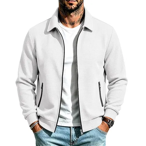 Chaqueta Casual de Punto de Gofre para Hombre Cárdigan con Cremallera Cuello Vuelto Prenda de Exterior Ligera con Bolsillos