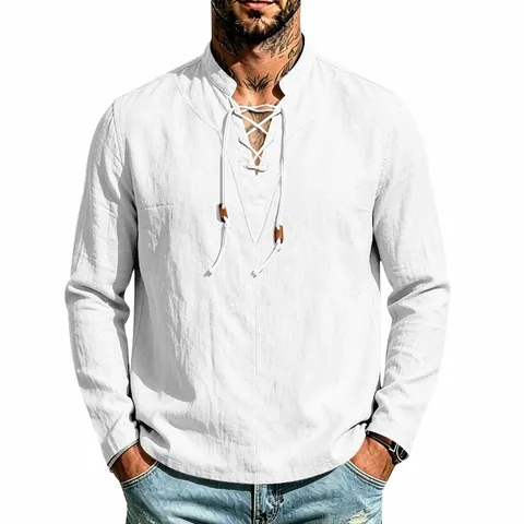 Camisa de Manga Larga de Lino Casual para Hombre Cuello Mao Retro con Cordones Cuello en V Pulóver Transpirable Cómodo Primavera Otoño Moda Tops