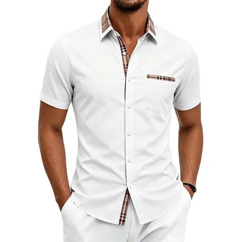 Men Business Casual Short Sleeve Shirt Plaid Contrast Collar Slim Fit Turn-down Collar With Single Chest Pocket Polyester Spandex Woven Shirt