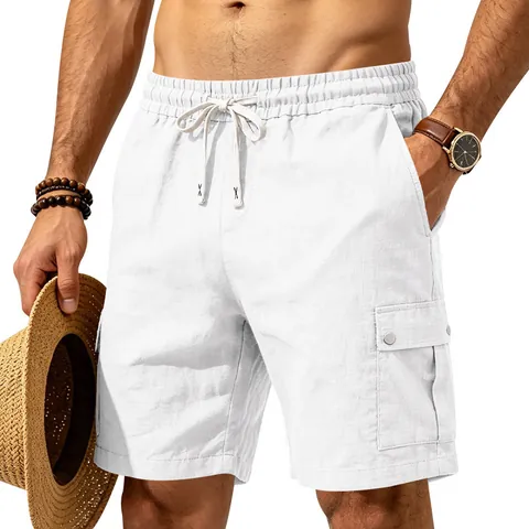 Herren Casual Baumwoll-Leinen-Mischung Shorts Lose Passform Sommer Outdoor Strand Mehrere Taschen Gerade Cargo Shorts