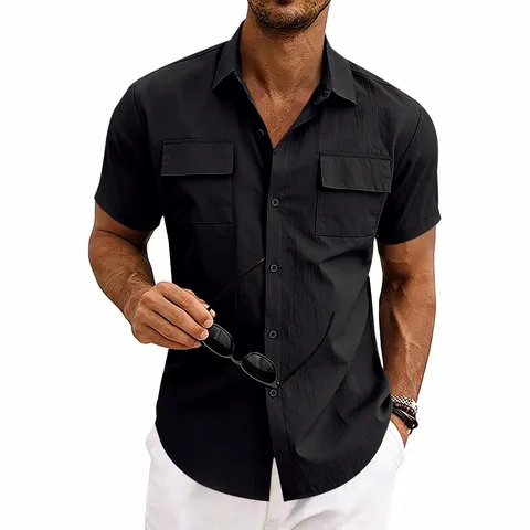 Men Cargo Short Sleeve Shirt Quick Dry Utility Shirt Button Down Top with Pockets Business Casual Lapel Collar Summer Woven Apparel