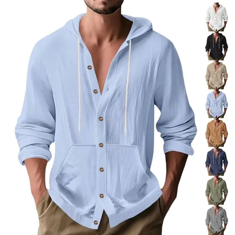 Camisa Casual de Algodón para Hombre con Capucha Manga Larga Moda Color Sólido Bolsillo Top sin Planchado Cómoda Transpirable