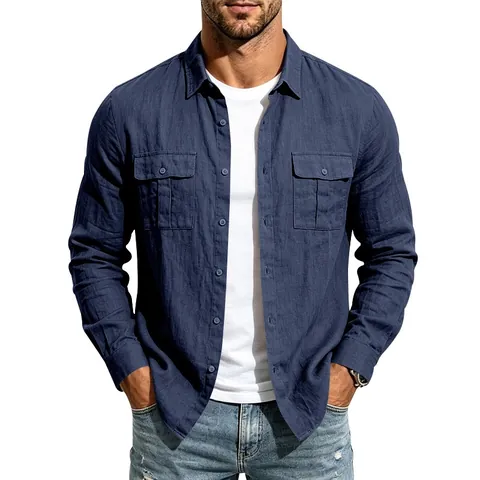 Men Casual Linen Blend Long Sleeve Shirt Breathable Double Pocket Workwear Button Up Turn Down Collar Vintage Style Men Top