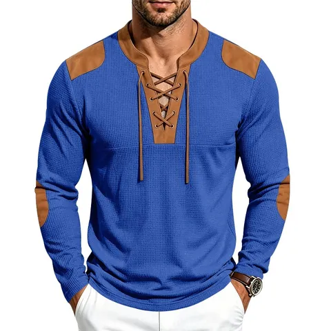 Vintage Men Henley Shirt Waffle Knit Long Sleeve Medieval Drawstring Top Patchwork Embroidered Casual Pullover Polyester Tee