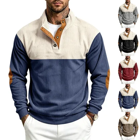 Men Corduroy Color Block Sweatshirt Stand Collar Half Button Pullover With Elbow Patches Casual Long Sleeve Top