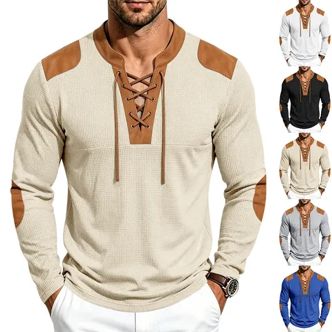 Vintage Men Henley Shirt Waffle Knit Long Sleeve Medieval Drawstring Top Patchwork Embroidered Casual Pullover Polyester Tee