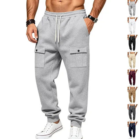 Men's Fleece Lined Cargo Joggers Drawstring Waist Snap Button Large Pockets Relaxed Fit Casual Sport Sweatpants Winter Warm Bottoms