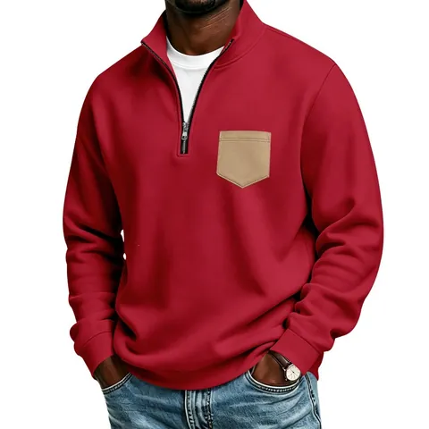 Men Quarter-Zip Stand Collar Fleece Sweatshirt Loose Casual Warm Long Sleeve Pullover With Contrast Patch Pocket Fashion Outerwear
