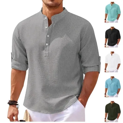 Men's Waffle Knit Long Sleeve Henley Shirt Casual Solid Color Button Down Polo T-Shirt Loose Fit Breathable Spring Autumn Top
