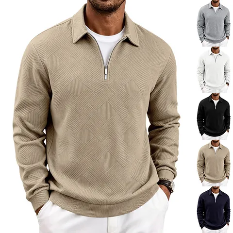 Sudadera Polo de Punto Jacquard para Hombre Manga Larga Media Cremallera Top de Negocios Casual para Primavera Otoño