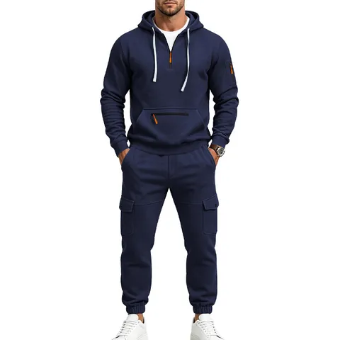 Herren Halber Reißverschluss Kapuzenpullover Cargo Jogginghose Zwei Teile Set Fleece Gefüttert Dick Herbst Winter Sportanzug