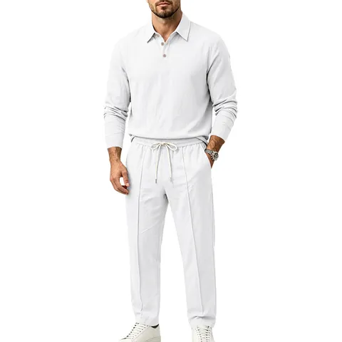 Linen Polyester Blend Men Casual Suit Top And Bottom Lapel Long Sleeve Polo Shirt Straight Leg Pants Vacation Outfit