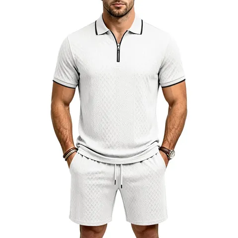 Men Summer Casual Jacquard Zipper POLO Short Sleeve Shorts Two Piece Set Loose Athletic Tracksuit Top And Bottom